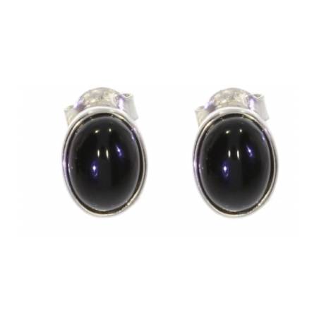 Boucles d'oreilles Puces Pierre Onyx Cabochon Ovale Argent 925 Rhodié