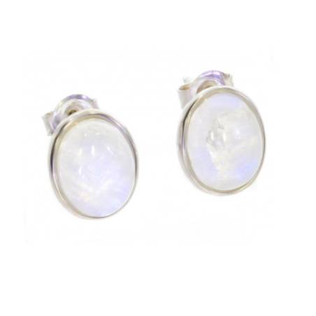 Boucles d'oreilles Puces Pierre de Lune Gros Cabochon Ovale Argent Massif Rhodié 925