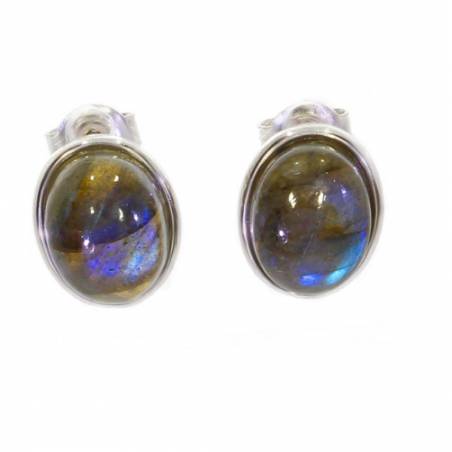 Boucles d'oreilles Puces Pierre Labradorite Gros Cabochon Ovale Argent Massif Rhodié