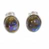 Boucles d'oreilles Puces Pierre Labradorite Gros Cabochon Ovale Argent Massif Rhodié
