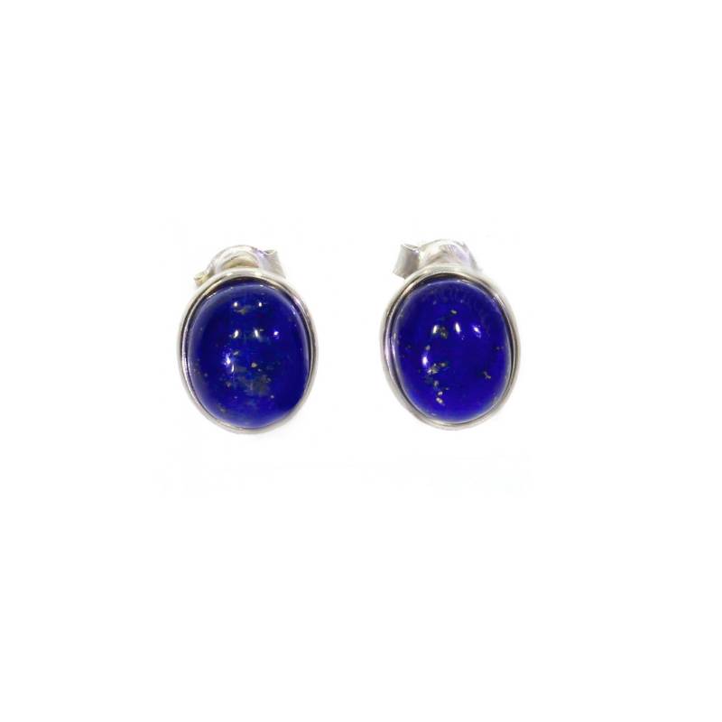 Boucles d'oreilles Puces Pierre Lapis-Lazuli Gros Cabochon Ovale Argent 925 Rhodié