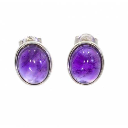Boucles d'oreilles Puces Pierre Améthyste Gros Cabochon Ovale Argent 925 Rhodié