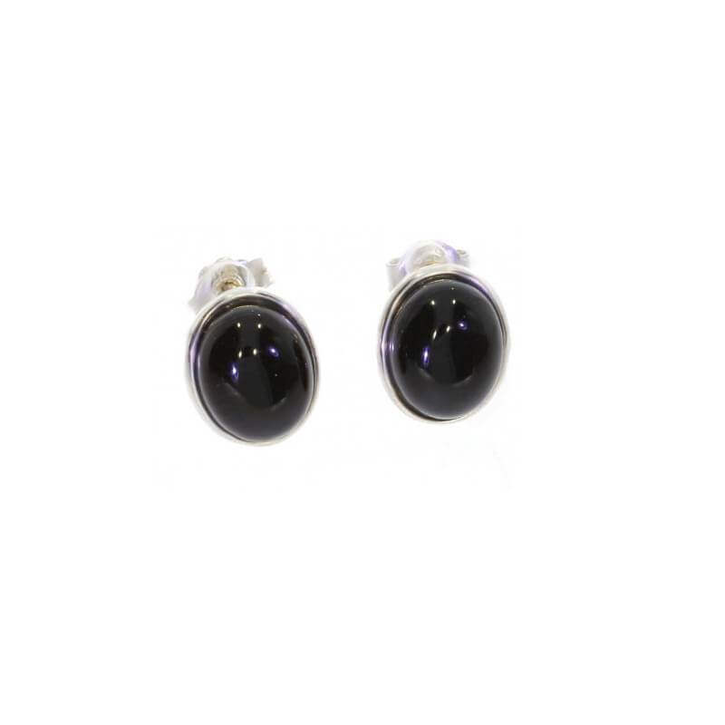 Boucles d'oreilles Puces Pierre Onyx Gros Cabochon Ovale Argent 925 Rhodié