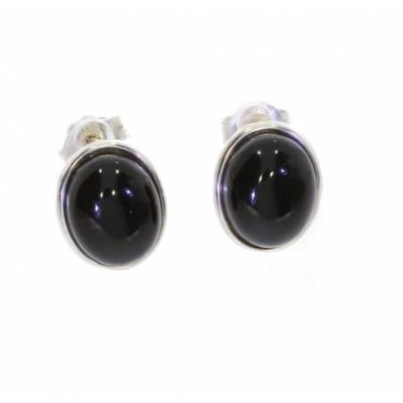 Boucles d'oreilles Puces Pierre Onyx Gros Cabochon Ovale Argent 925 Rhodié