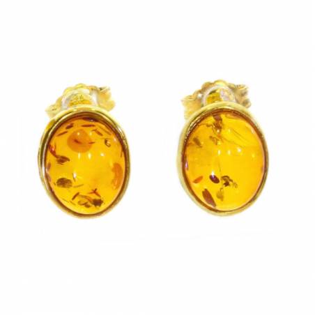 Boucles d'oreilles Puces Gros Cabochon Ovale Ambre En Vermeil