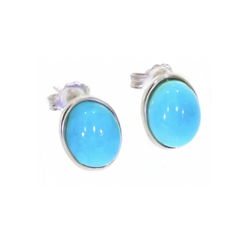 Boucles d'oreilles Puces Gros Cabochon Ovale Pierre Turquoise Argent Massif 925