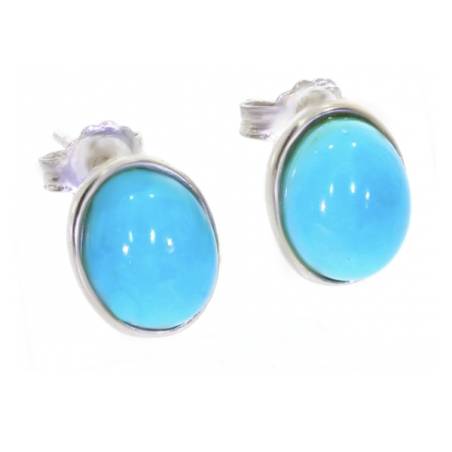 Boucles d'oreilles Puces Gros Cabochon Ovale Pierre Turquoise Argent Massif 925