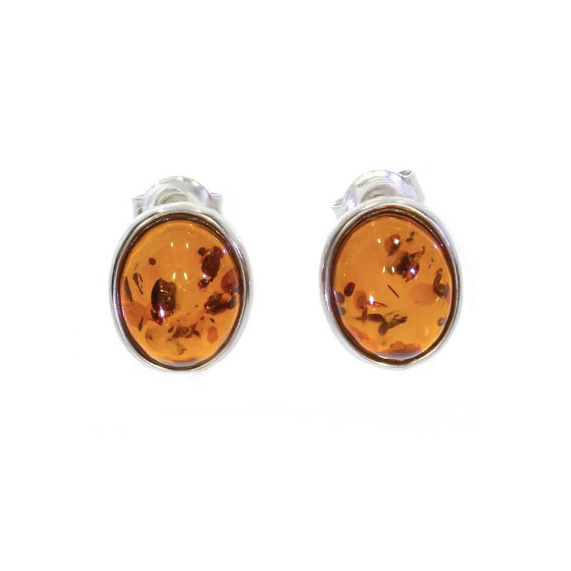 Boucles d'oreilles Puces Gros Cabochon Ovale Ambre Argent Massif Rhodié 925