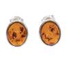 Boucles d'oreilles Puces Gros Cabochon Ovale Ambre Argent Massif Rhodié 925