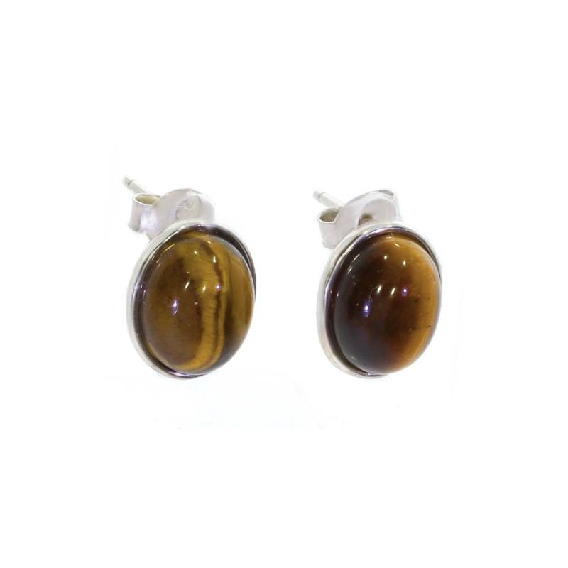 Boucles d'oreilles Puces Gros Cabochon Ovale Œil de Tigre Argent Massif Rhodié