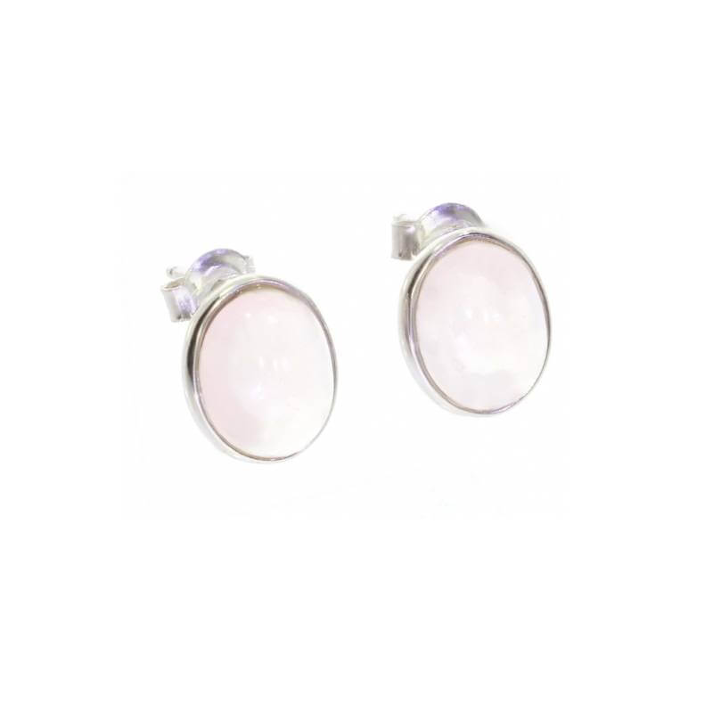 Boucles d'oreilles Puces Gros Cabochon Ovale Quartz Rose Argent Massif Rhodié