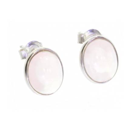Boucles d'oreilles Puces Gros Cabochon Ovale Quartz Rose Argent Massif Rhodié