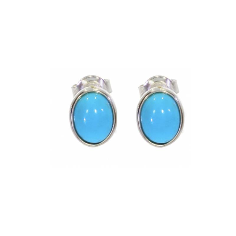Boucles d'oreilles Puces Cabochon Ovale Pierre Turquoise En Argent Massif Rhodié