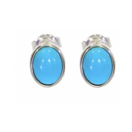 Boucles d'oreilles Puces Cabochon Ovale Pierre Turquoise En Argent Massif Rhodié