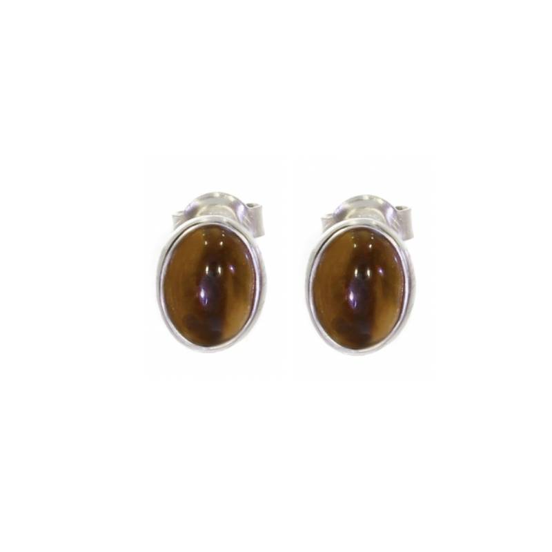 Boucles d'oreilles Puces Cabochon Ovale Œil de Tigre En Argent Massif Rhodié