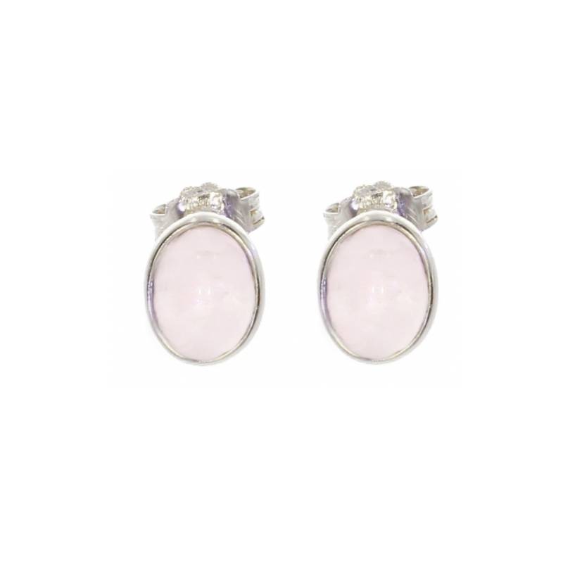 Boucles d'oreilles Puces Cabochon Ovale Quartz Rose En Argent Massif Rhodié 925