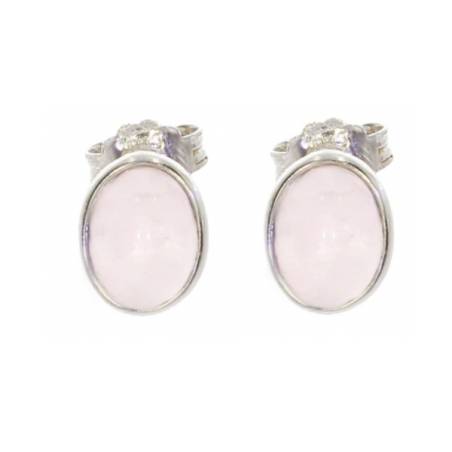 Boucles d'oreilles Puces Cabochon Ovale Quartz Rose En Argent Massif Rhodié 925