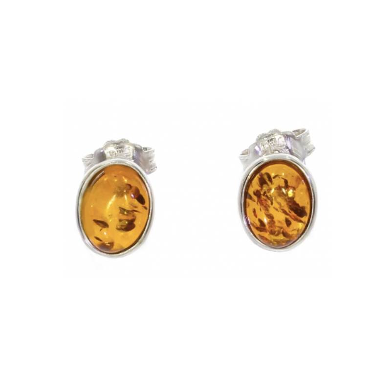 Boucles d'oreilles Puces Cabochon Ovale Ambre En Argent Massif Rhodié 925