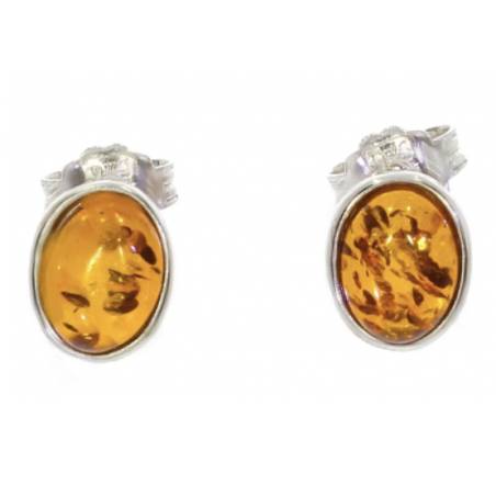 Boucles d'oreilles Puces Cabochon Ovale Ambre En Argent Massif Rhodié 925