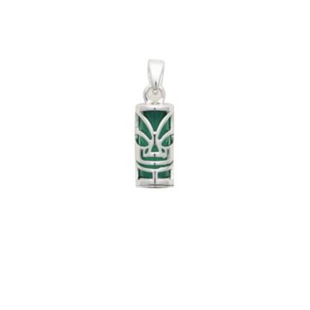 Pendentif Tiki Polynésien Pierre Agate Verte En Argent Massif 925 Rhodié