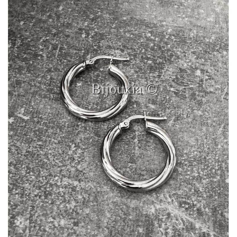 Boucles D'oreilles Créoles Torsadées 2CM Argent Massif 925 Rhodié