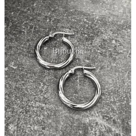 Boucles D'oreilles Créoles Torsadées 2CM Argent Massif 925 Rhodié