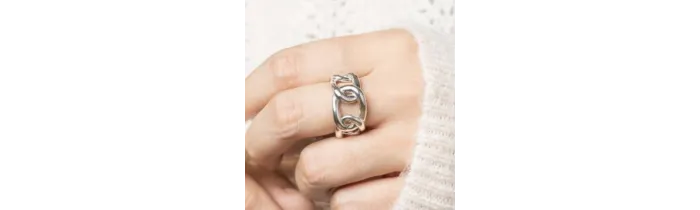 Bague Large En Forme de Chaîne Argent Massif 925/000 Rhodié Tailles 52 à 60