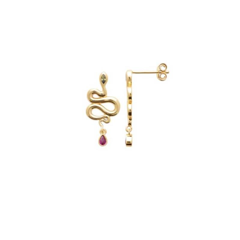 Boucles D'oreilles Motif Serpent Avec Cristaux Rouge&Vert En Plaqué Or 18 Carats