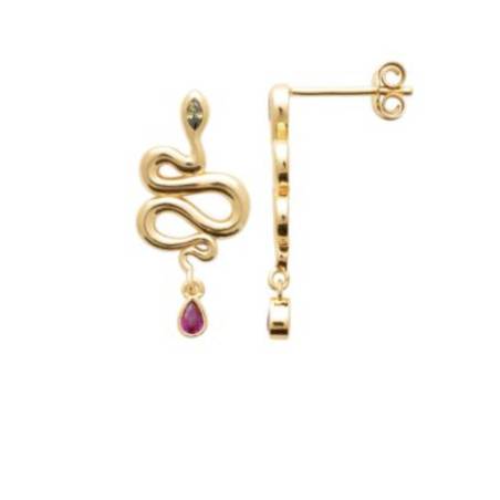 Boucles D'oreilles Motif Serpent Avec Cristaux Rouge&Vert En Plaqué Or 18 Carats