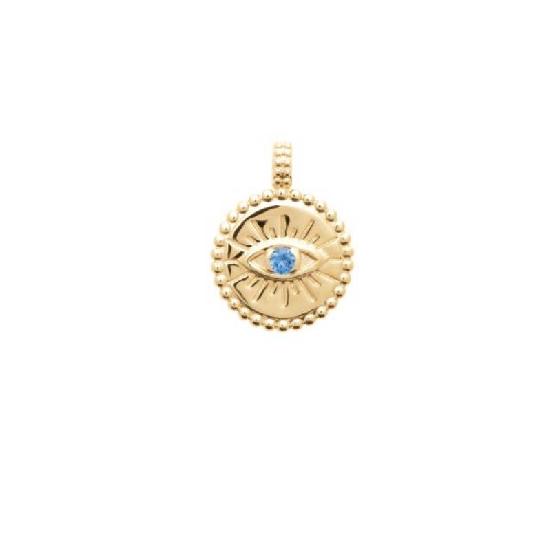 Pendentif Médaille Œil Cristal Bleu Topaze En Plaqué Or 18 Carats 750/000