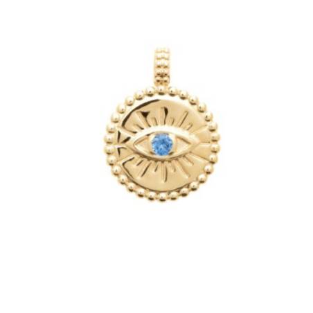 Pendentif Médaille Œil Cristal Bleu Topaze En Plaqué Or 18 Carats 750/000