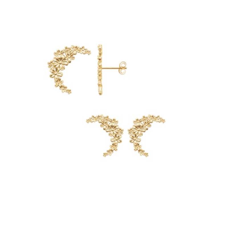 Boucles D'oreilles Croissant de Lune Motifs Fleurs Plaqué or 18 Carats 750/1000