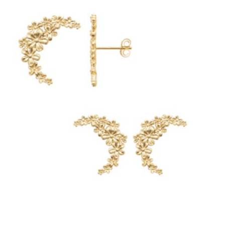 Boucles D'oreilles Croissant de Lune Motifs Fleurs Plaqué or 18 Carats 750/1000