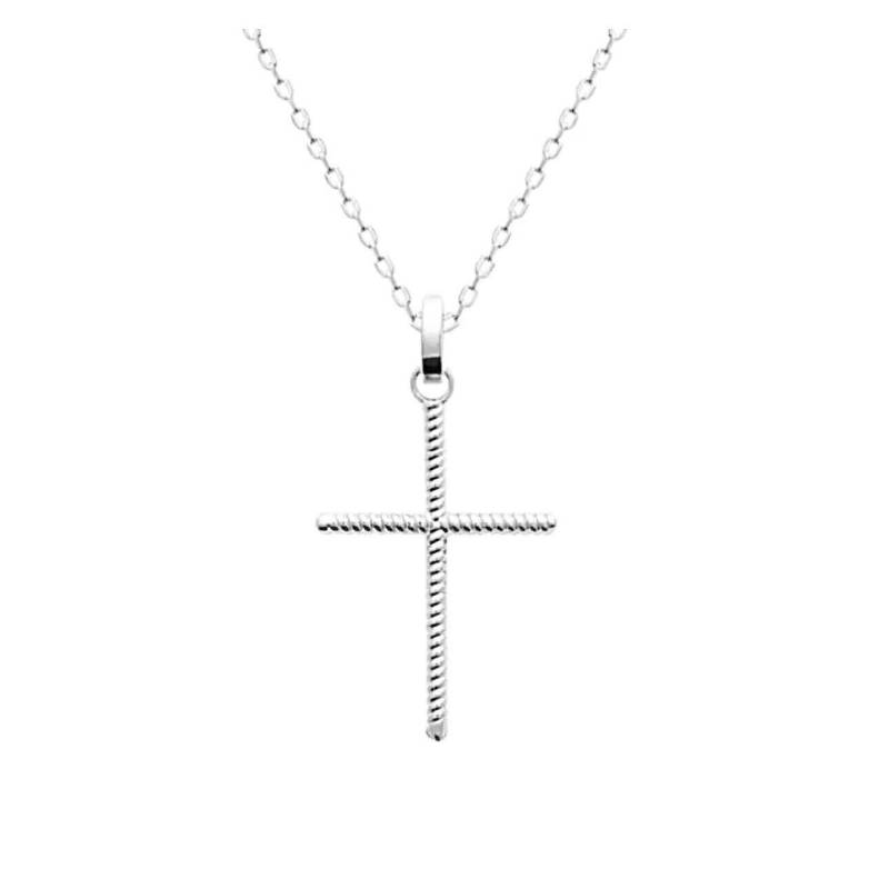 Collier Chaîne Et Pendentif Croix Fil Torsadé En Argent Massif 925/000 Rhodié