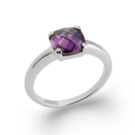 Bague Solitaire Cristal Améthyste En Argent Massif 925/1000 Bijoux Femme