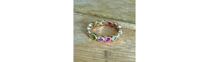 Bague Empierrée Sertie Cristaux Multicolores en Plaqué or 18 Carats 750/1000
