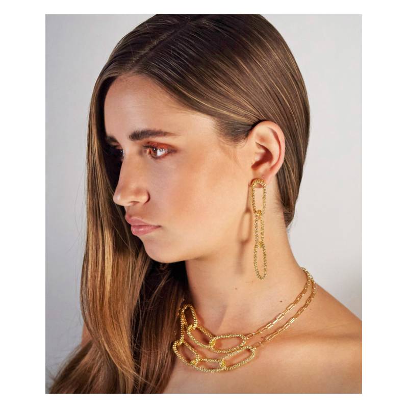 Boucles D'oreilles Longues Pendantes Chaîne Maille Perlée En Argent 925/000 Doré