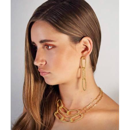 Boucles D'oreilles Longues Pendantes Chaîne Maille Perlée En Argent 925/000 Doré