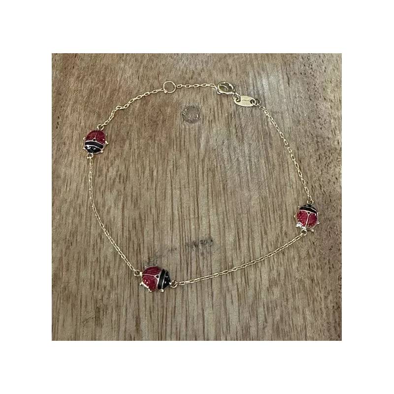 Bracelet Porte Bonheur Coccinelles émail Rouge 18CM En Or 9 CARATS 375/1000