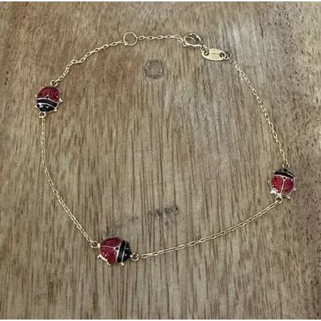 Bracelet Porte Bonheur Coccinelles émail Rouge 18CM En Or 9 CARATS 375/1000