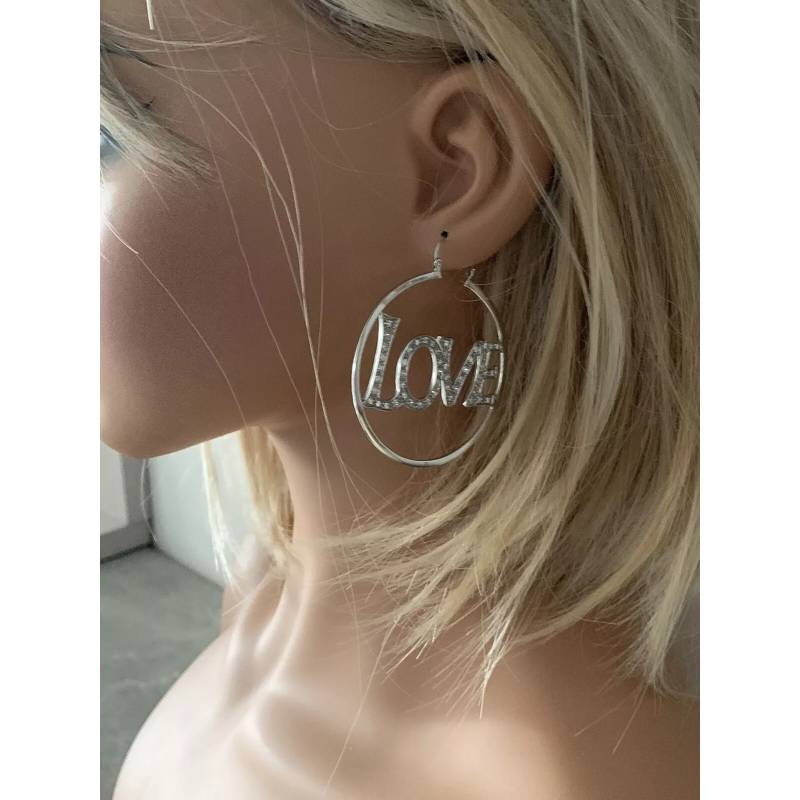 Boucles D'oreilles Créoles Empierrées LOVE Argent Massif 925/000