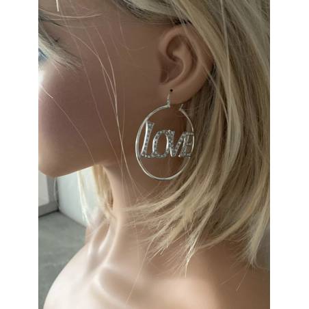 Boucles D'oreilles Créoles Empierrées LOVE Argent Massif 925/000