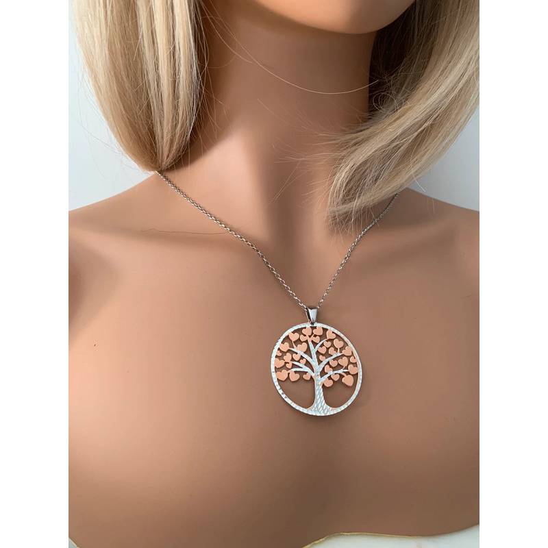 Collier Sautoir Arbre de vie avec petits cœurs argent 925/1000 rhodié