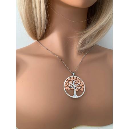 Collier Sautoir Arbre de vie avec petits cœurs argent 925/1000 rhodié