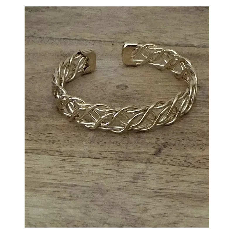Bracelet Jonc Manchette Ouvert En Fils Croisés - Plaqué Or 18 Carats - Bijouxia