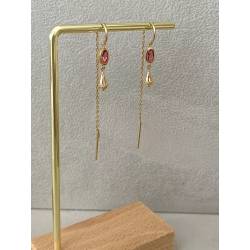 Boucles D'oreilles Double Pendantes Cristal Rose Plaqué or 18 Carats 750/000