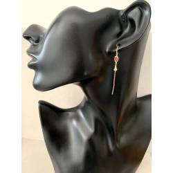 Boucles D'oreilles Double Pendantes Cristal Rose Plaqué or 18 Carats 750/000