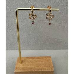 Boucles D'oreilles Motif Serpent Avec Cristaux Rouge&Vert En Plaqué Or 18 Carats