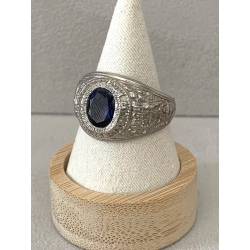 Chevalière US Américaine En Argent 925/000 Pierre Bleu Saphir Tailles 52 à 72