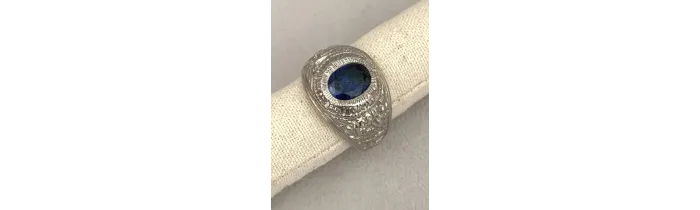 Chevalière US Américaine En Argent 925/000 Pierre Bleu Saphir Tailles 52 à 72